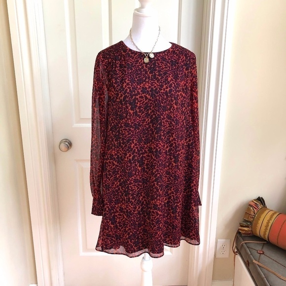 Walter Baker Dress Long Sheer Sleeve Smocking Red & Black Print (M) - Picture 1 of 10